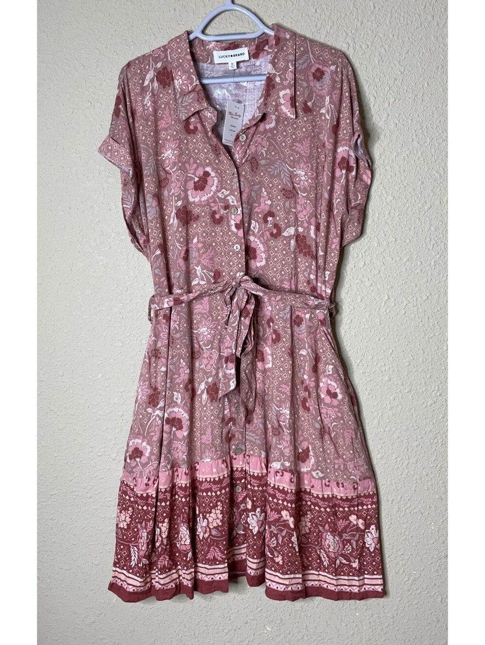 Lucky Brand Rose Floral Button Front Shirt Dress Short Sleeve Sz XL Cottagecore